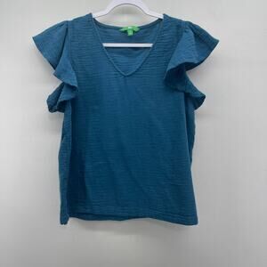 Dip Blouse Womens XL Teal Blue V Neck Ruffles Cotton Soft Short Sleeve Casual